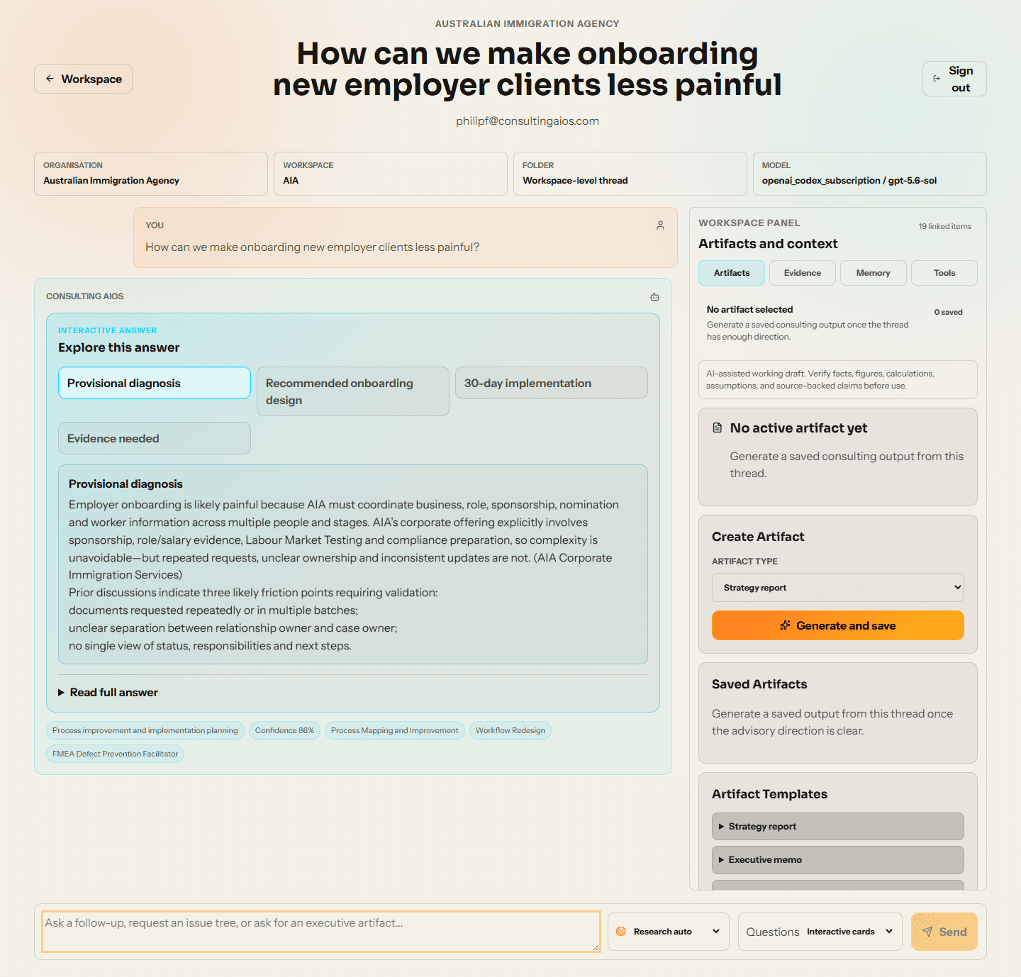 Consulting AIOS workspace showing an interactive diagnosis for improving client onboarding